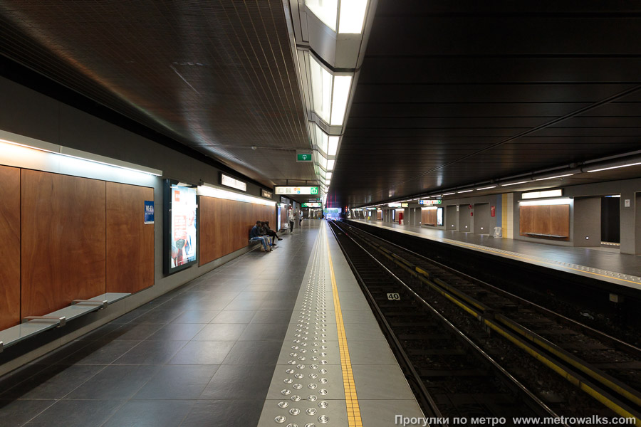 Станция Gare de l'Ouest / Weststation [Гар дё лю́эст / Ве́стстасьо́н] (линия 5, Брюссель). Продольный вид вдоль края платформы. Путь 5-й линии в направлении юго-западных окраин.
