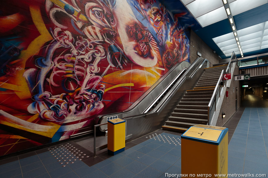 Станция Hankar [Онка́р] (линия 5, Брюссель). Выход в город, эскалаторы начинаются прямо с уровня платформы.