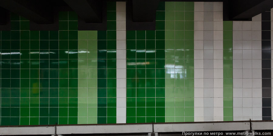 Станция Roi Baudouin / Koning Boudewijn [Руа́ Бодуэ́н / Конинг Баудэвейн] (линия 2 / 6, Брюссель). Декоративное оформление путевой стены крупным планом. Зелёный.