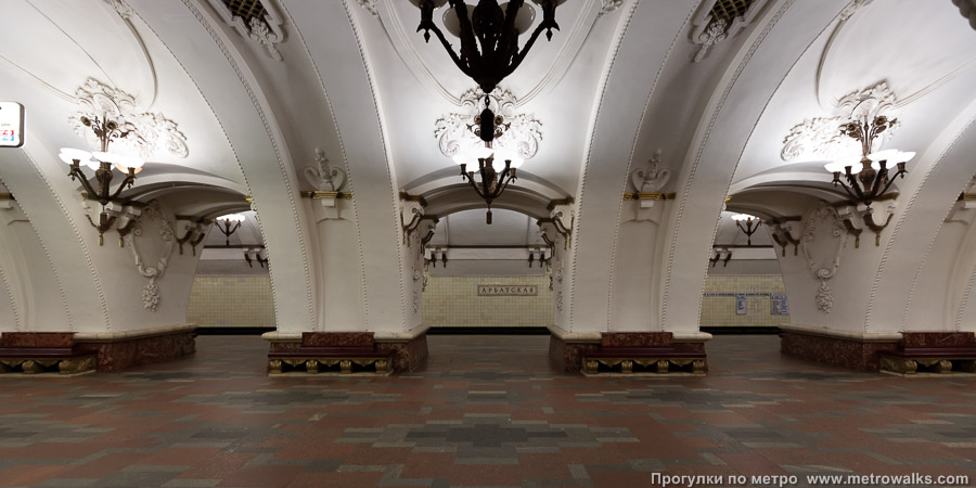 Станция Арбатская (Арбатско-Покровская линия, Москва). Поперечный вид, проходы между пилонами из центрального зала на платформу.