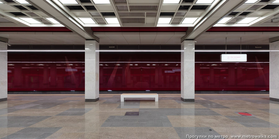 Станция Коммунарка (Сокольническая линия, Москва). Поперечный вид, проходы между колоннами из центрального зала на платформу.