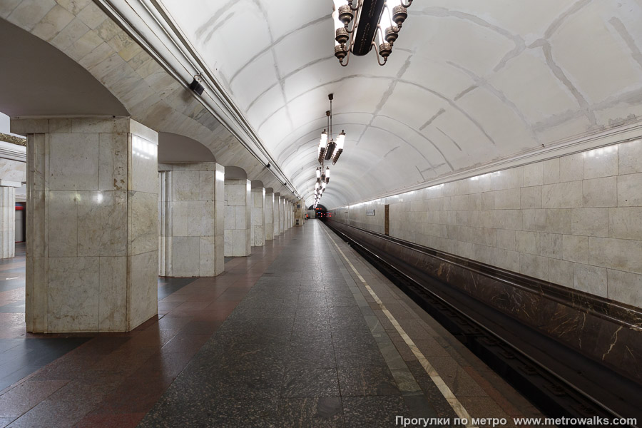 Станция Курская (Кольцевая линия, Москва). Боковой зал станции и посадочная платформа, общий вид.