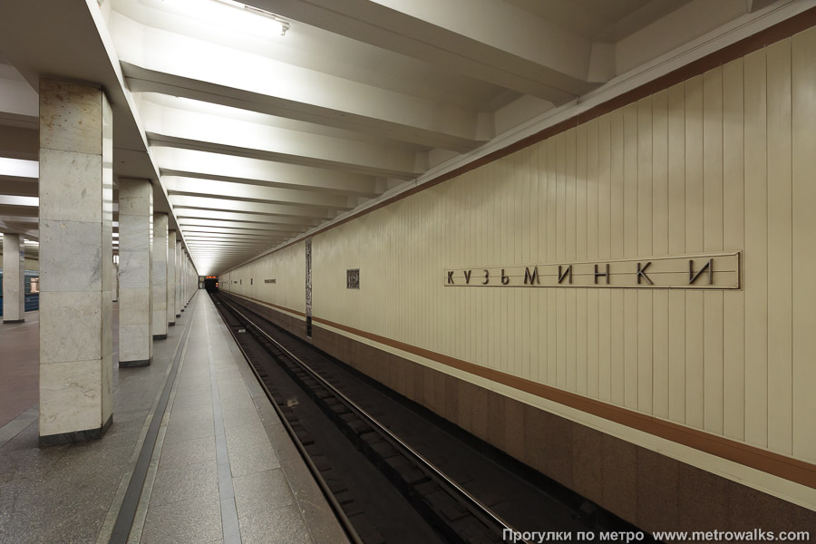 Станция Кузьминки (Таганско-Краснопресненская линия, Москва). Боковой зал станции и посадочная платформа, общий вид.