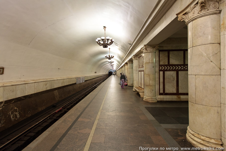 Станция Павелецкая (Кольцевая линия, Москва). Боковой зал станции и посадочная платформа, общий вид.