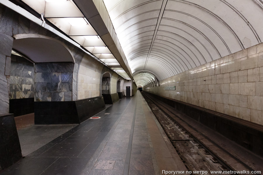Станция Павелецкая (Замоскворецкая линия, Москва). Боковой зал станции и посадочная платформа, общий вид. Старая, пилонная часть станции, на заднем плане — новая, колонная часть.