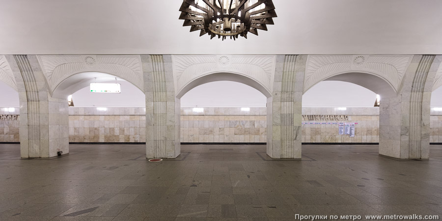 Станция Пушкинская (Таганско-Краснопресненская линия, Москва). Поперечный вид, проходы между колоннами из центрального зала на платформу.
