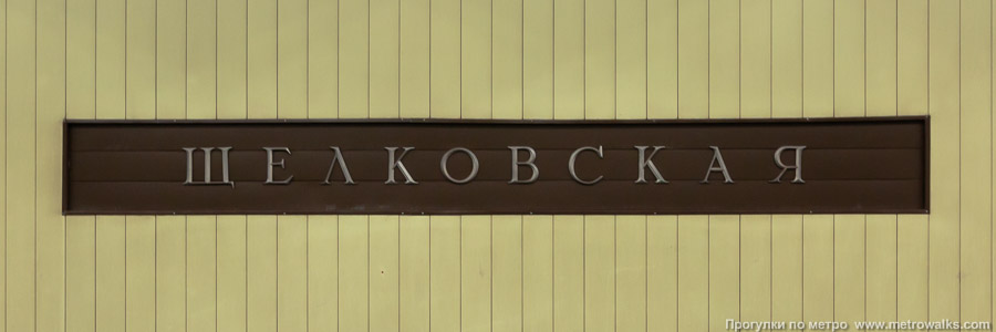 Станция Щёлковская (Арбатско-Покровская линия, Москва). Название станции на путевой стене крупным планом.