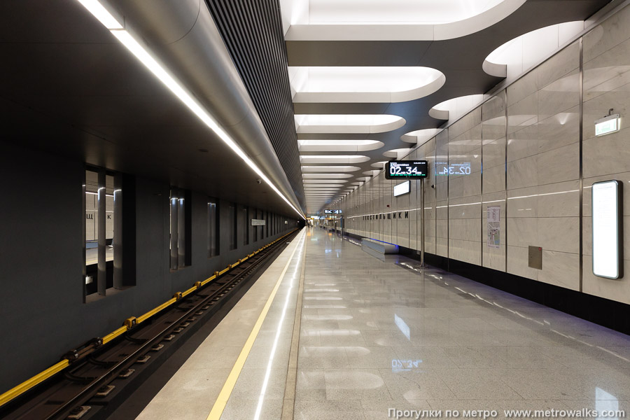 Станция Текстильщики (Большая кольцевая линия, Москва). Продольный вид вдоль края платформы.