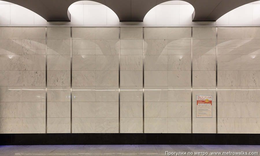 Станция Текстильщики (Большая кольцевая линия, Москва). Станционная стена. Основной элемент декора — вертикальные металлические полосы установлены согласованно с размером световых ниш в потолке.