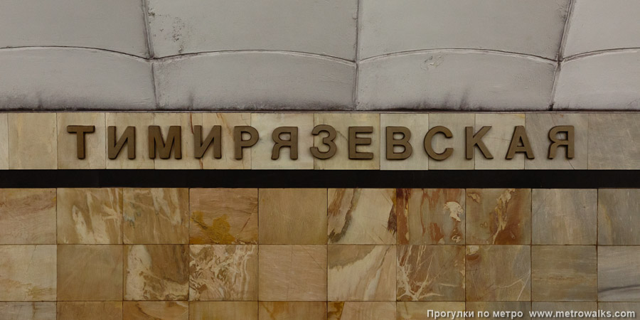 Станция Тимирязевская (Серпуховско-Тимирязевская линия, Москва). Название станции на путевой стене крупным планом. 15 июня 2025. Станция Тимирязевская (Серпуховско-Тимирязевская линия, Москва). Название станции на путевой стене крупным планом.