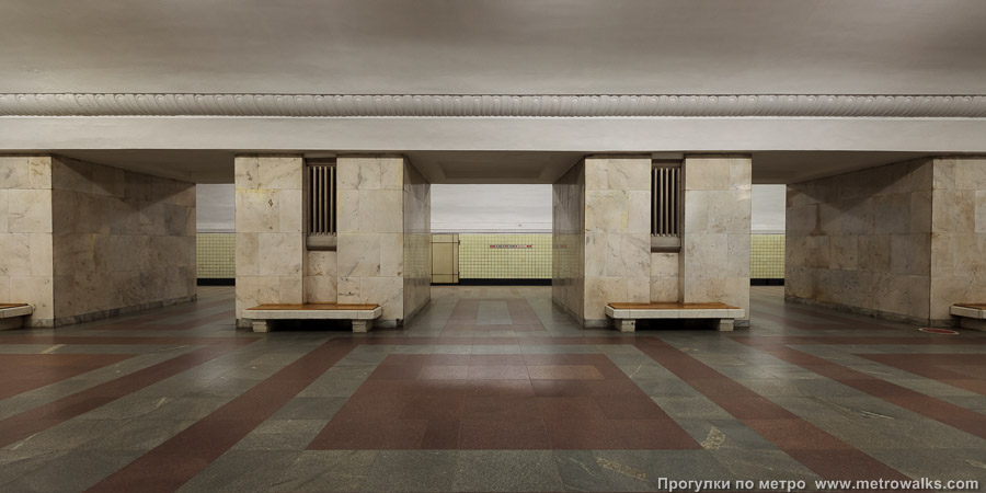 Станция Университет (Сокольническая линия, Москва). Поперечный вид, проходы между пилонами из центрального зала на платформу.