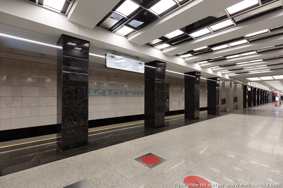 Станция Варшавская (Большая кольцевая линия, Москва). Вид по диагонали. Новый облик станции изменён до неузнаваемости: раньше колонны были отделаны золотисто-розоватым мрамором, а стены были покрыты рельефной голубой плиткой.