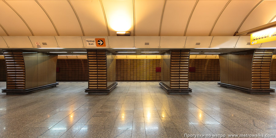 Станция Jinonice [Йино́нице] (линия B, Прага). Поперечный вид, проходы между пилонами из центрального зала на платформу.