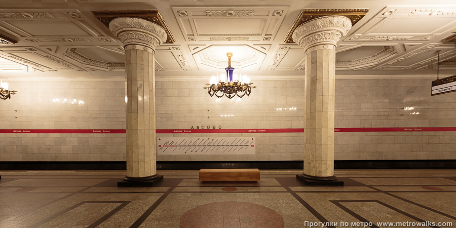 Станция Автово (Кировско-Выборгская линия, Санкт-Петербург). Поперечный вид, проходы между колоннами из центрального зала на платформу. Белые мраморные колонны.
