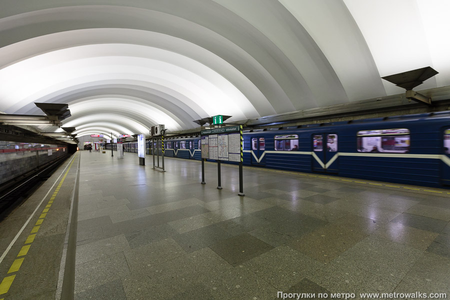 Станция Площадь Мужества (Кировско-Выборгская линия, Санкт-Петербург). Вид по диагонали. С поездом.