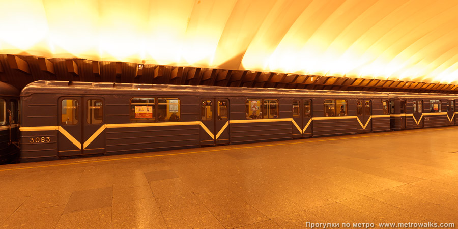 Станция Политехническая (Кировско-Выборгская линия, Санкт-Петербург). Вид по диагонали. Историческое фото, с поездом из вагонов модели «Е», которые уже выведены из эксплуатации.