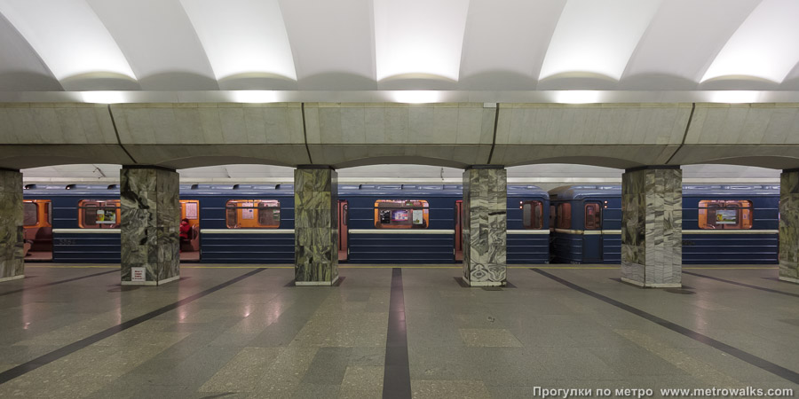 Станция Приморская (Невско-Василеостровская линия, Санкт-Петербург). Поперечный вид, проходы между колоннами из центрального зала на платформу. Для разнообразия — с поездом.