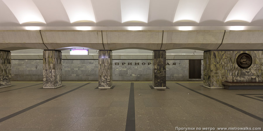 Станция Приморская (Невско-Василеостровская линия, Санкт-Петербург). Поперечный вид, проходы между колоннами из центрального зала на платформу.