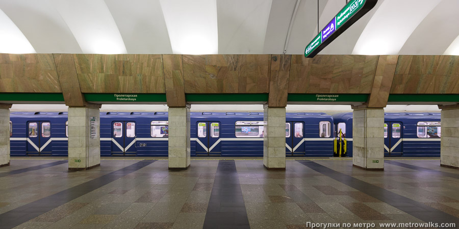 Станция Пролетарская (Невско-Василеостровская линия, Санкт-Петербург). Поперечный вид с поездом из вагонов Ем-50x.