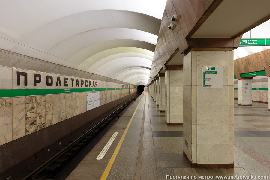 Станция Пролетарская (Невско-Василеостровская линия, Санкт-Петербург). Боковой зал станции и посадочная платформа, общий вид.