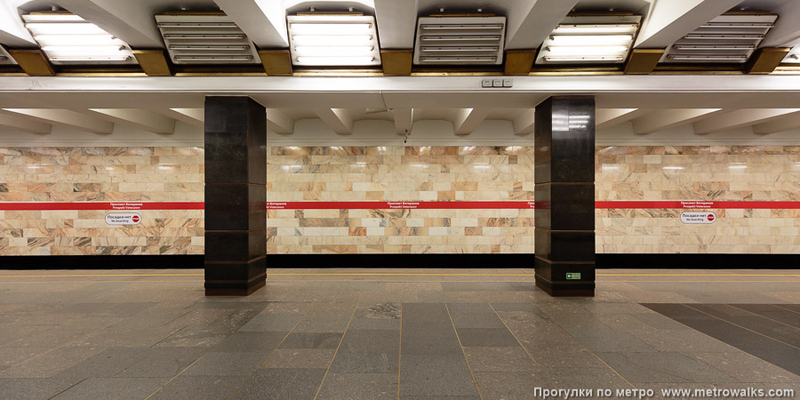 Станция Проспект Ветеранов (Кировско-Выборгская линия, Санкт-Петербург). Поперечный вид, проходы между колоннами из центрального зала на платформу.