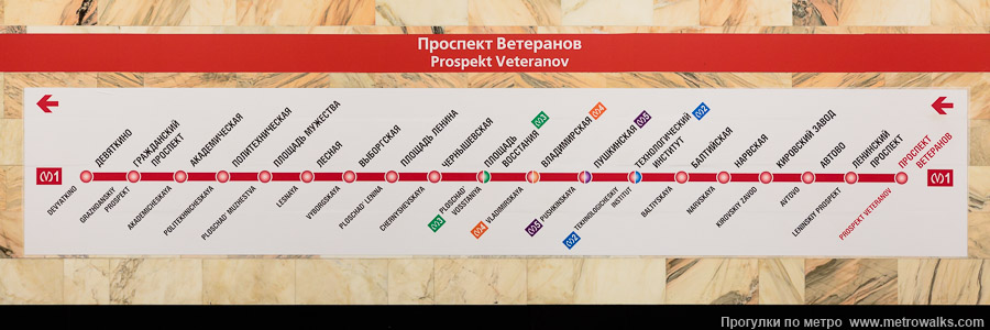 Станция Проспект Ветеранов (Кировско-Выборгская линия, Санкт-Петербург). Схема линии на путевой стене.