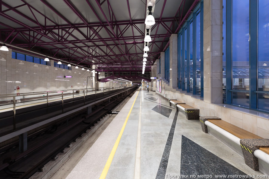 Станция Шушары (Фрунзенско-Приморская линия, Санкт-Петербург). Продольный вид вдоль края платформы. Платформа прибытия.