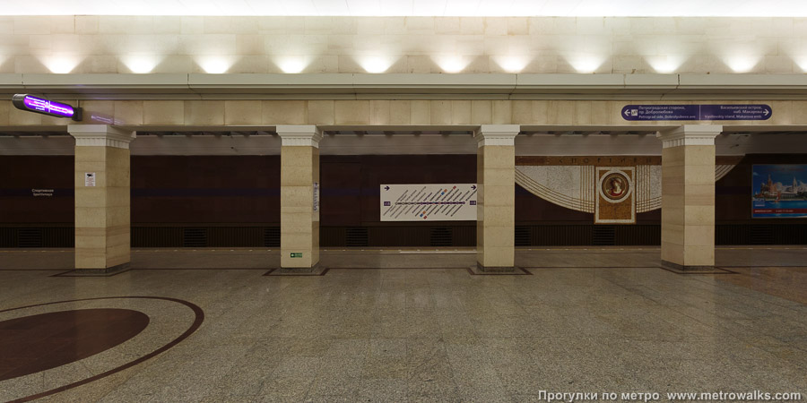 Станция Спортивная (Фрунзенско-Приморская линия, Санкт-Петербург). Поперечный вид, проходы между колоннами из центрального зала на платформу.