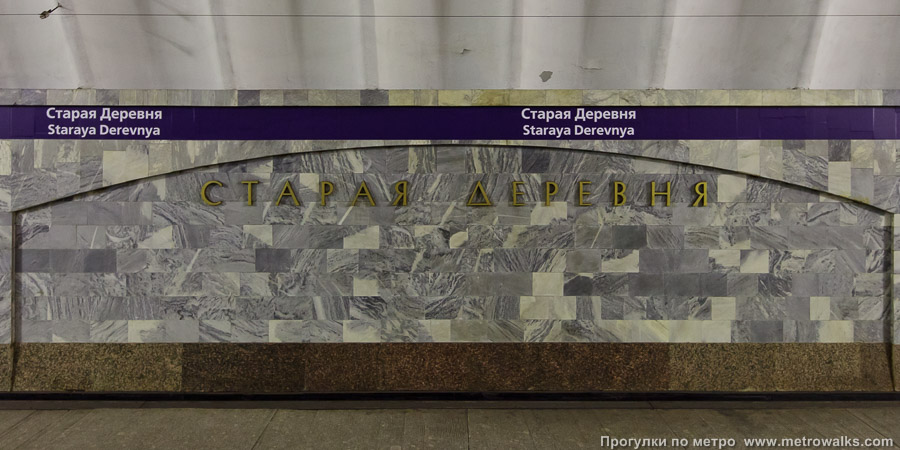 Станция Старая Деревня (Фрунзенско-Приморская линия, Санкт-Петербург). Название станции на путевой стене крупным планом. Новая фотография, с фиолетовой полосой.
