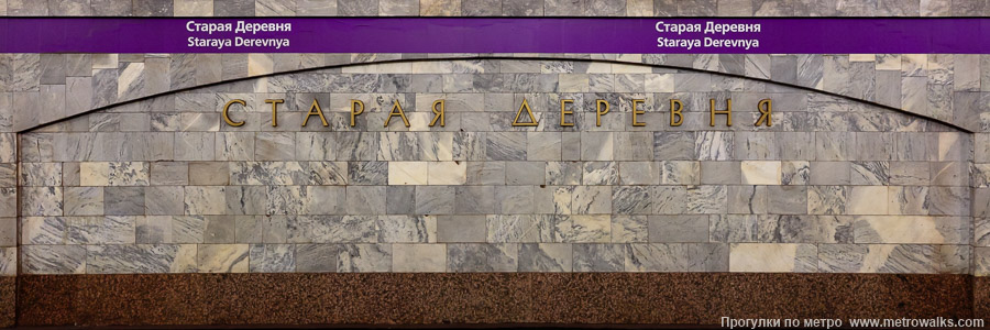 Станция Старая Деревня (Фрунзенско-Приморская линия, Санкт-Петербург). Название станции на путевой стене крупным планом. Современная фотография, с фиолетовой полосой.