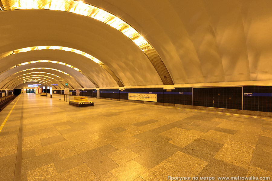 Станция Удельная (Московско-Петроградская линия, Санкт-Петербург). Вид по диагонали. Историческое фото с оранжевым освещением.