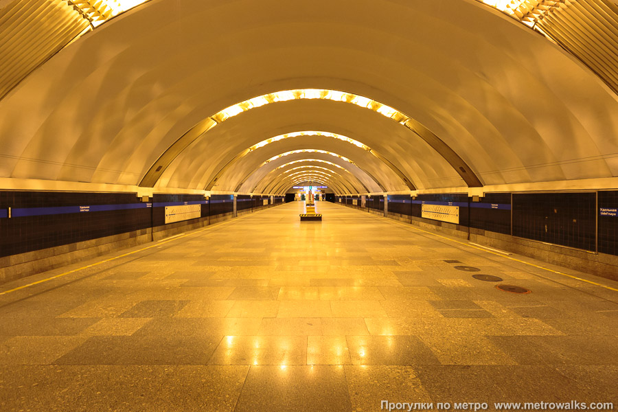 Станция Удельная (Московско-Петроградская линия, Санкт-Петербург). Общий вид по оси станции от глухого торца в сторону выхода. С 2000 до 2016 года станция освещалась оранжевыми натриевыми лампами.
