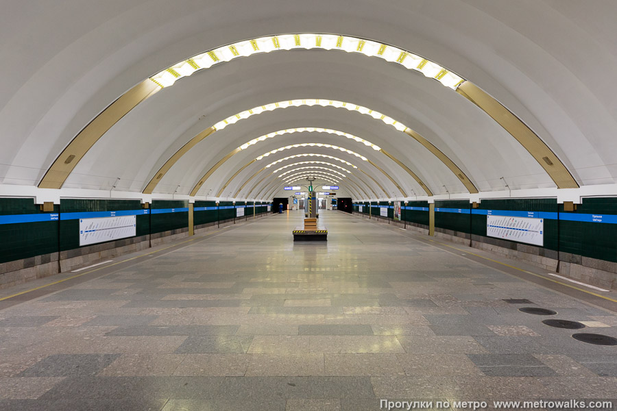 Станция Удельная (Московско-Петроградская линия, Санкт-Петербург). Общий вид по оси станции от глухого торца в сторону выхода.