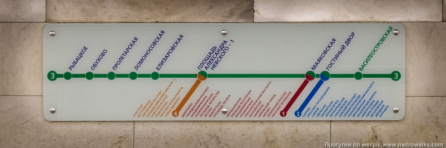 Станция Василеостровская (Невско-Василеостровская линия, Санкт-Петербург). Схема линии на станционной стене.