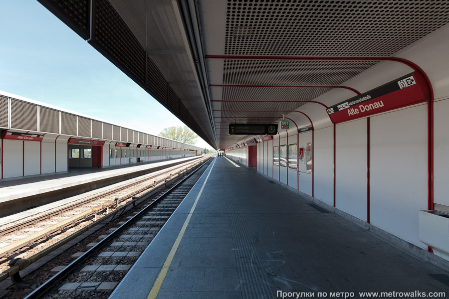 Станция Alte Donau [Альте Донау] (U1, Вена). Продольный вид вдоль края платформы.