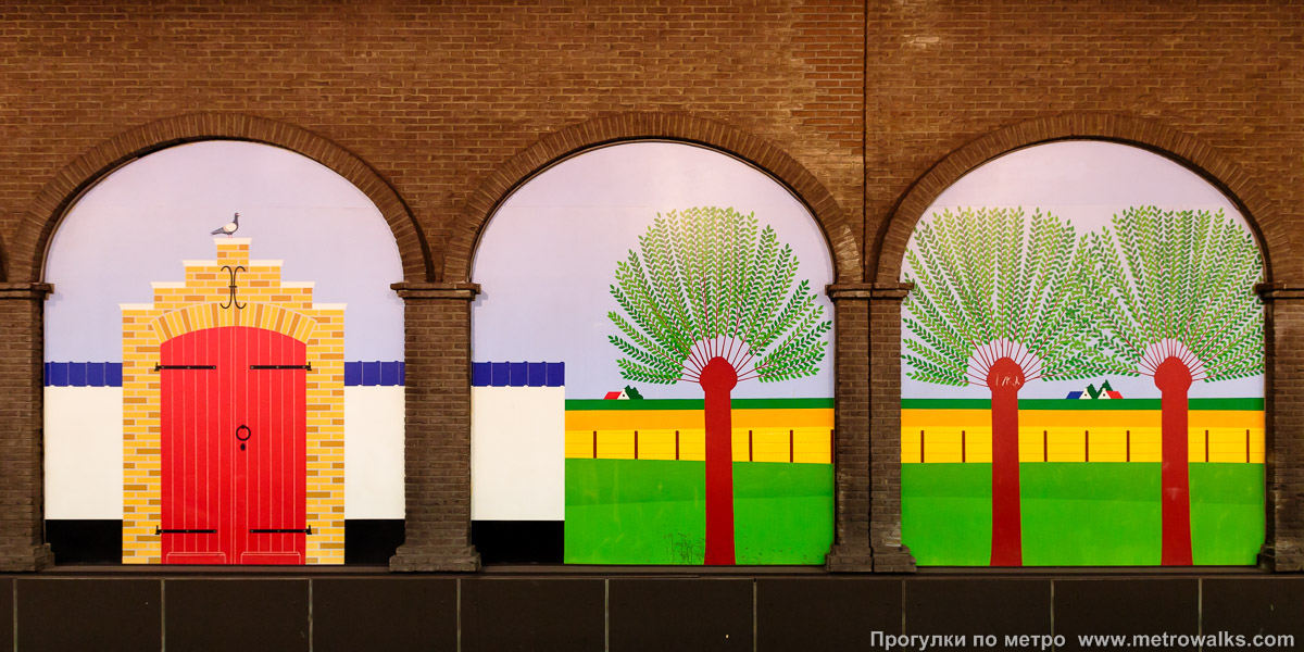 Фотография станции Clemenceau [Клемансо́] (линия 2 / 6, Брюссель). Декоративное оформление путевой стены крупным планом. Путевые стены украшены рисунками пейзажей сельской местности в мультяшном стиле.