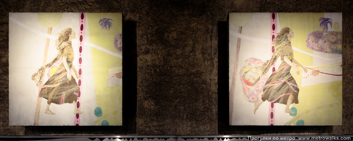 Фотография станции Houba-Brugmann [Ху́ба-Брю́хманн] (линия 2 / 6, Брюссель). Декоративное оформление путевой стены крупным планом. Грустная девушка прыгает в мир радуги и счастья, кадр № 3.