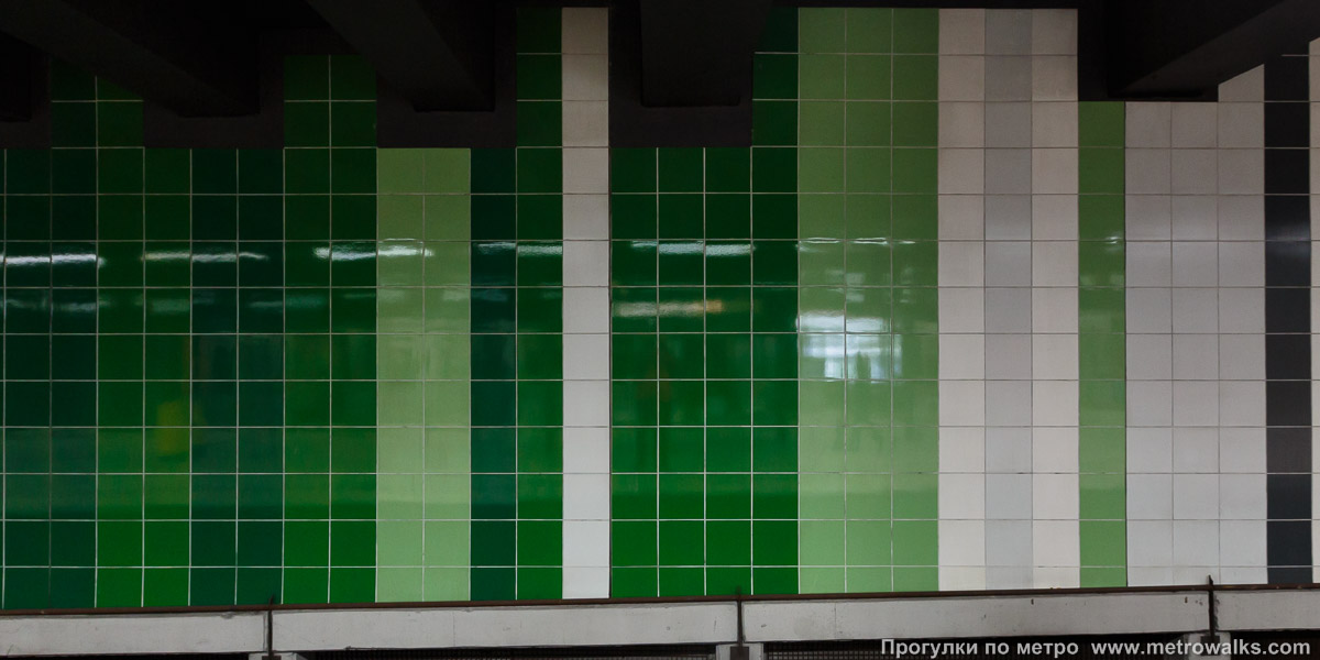 Фотография станции Roi Baudouin / Koning Boudewijn [Руа́ Бодуэ́н / Конинг Баудэвейн] (линия 2 / 6, Брюссель). Декоративное оформление путевой стены крупным планом. Зелёный.
