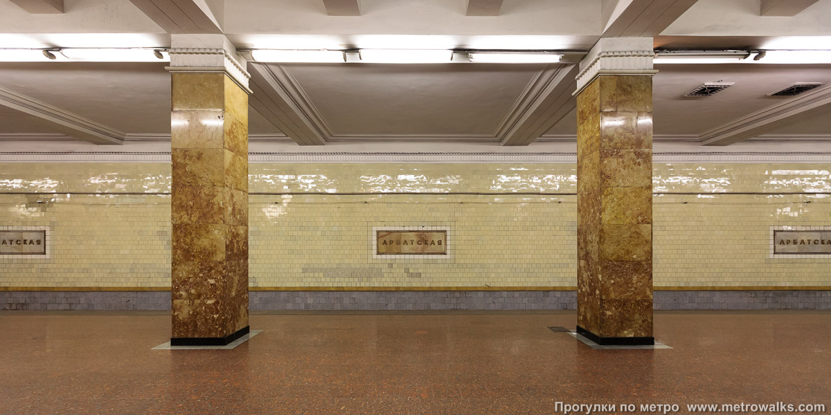 Фотография станции Арбатская (Филёвская линия, Москва). Поперечный вид, проходы между колоннами из центрального зала на платформу.