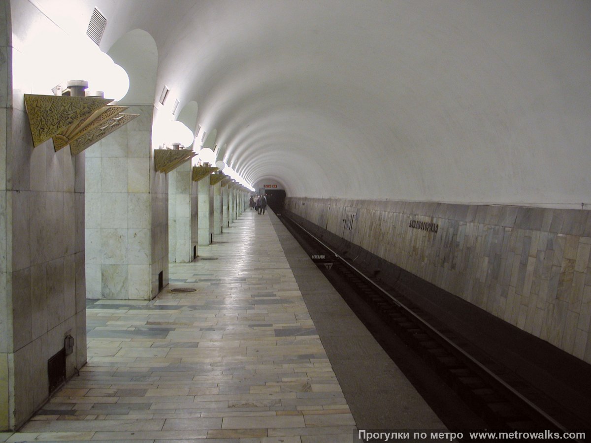 Фотография станции Авиамоторная (Калининская линия, Москва). Боковой зал станции и посадочная платформа, общий вид.