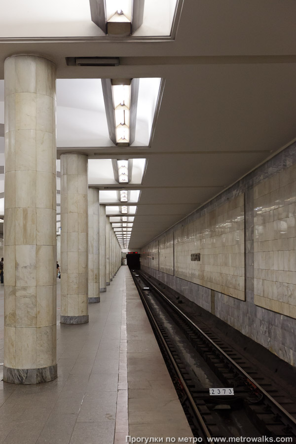 Фотография станции Бибирево (Серпуховско-Тимирязевская линия, Москва). Боковой зал станции и посадочная платформа, общий вид. Колонны во всю высоту.