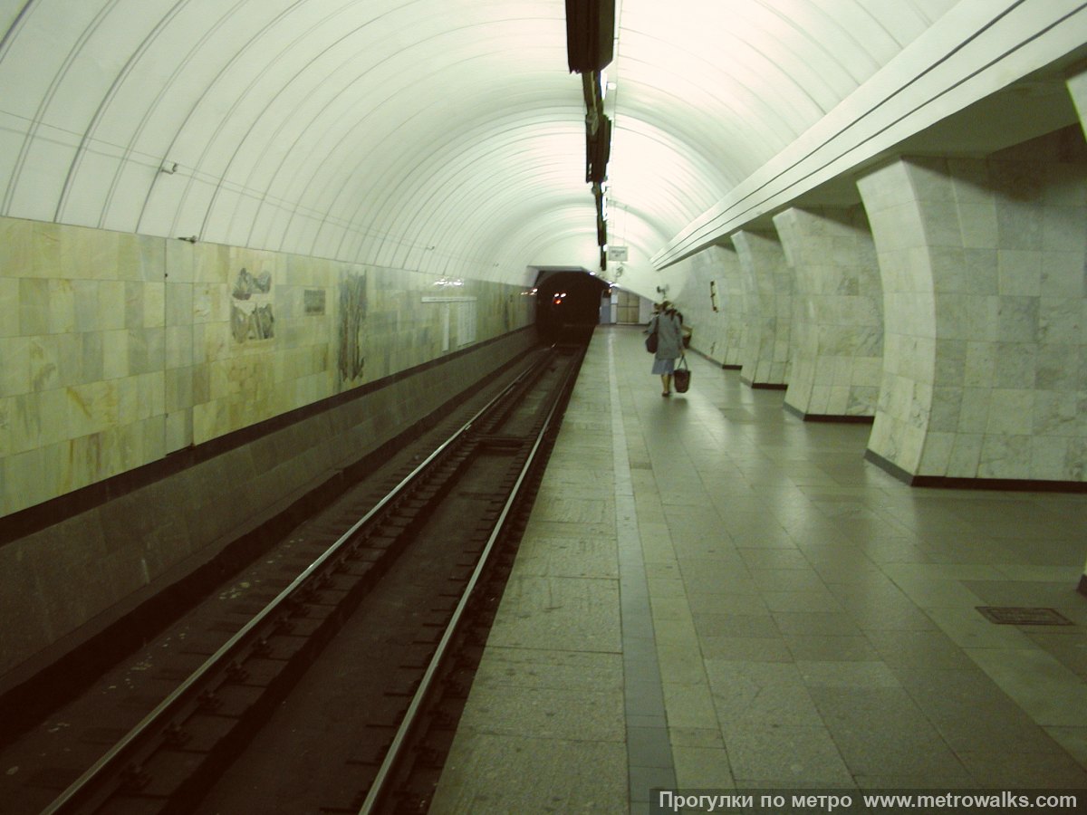 Фотография станции Чеховская (Серпуховско-Тимирязевская линия, Москва). Боковой зал станции и посадочная платформа, общий вид.