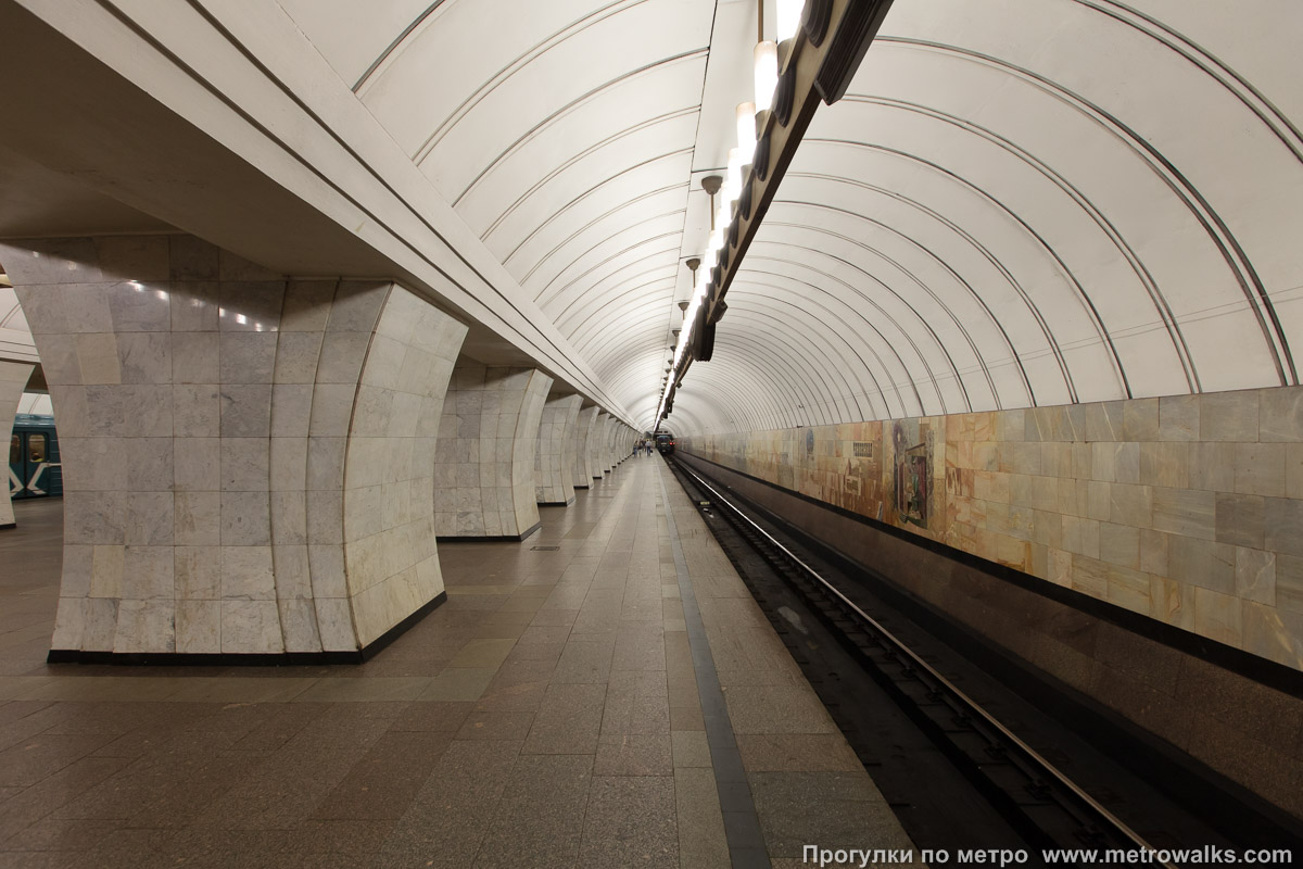 Фотография станции Чеховская (Серпуховско-Тимирязевская линия, Москва). Боковой зал станции и посадочная платформа, общий вид.