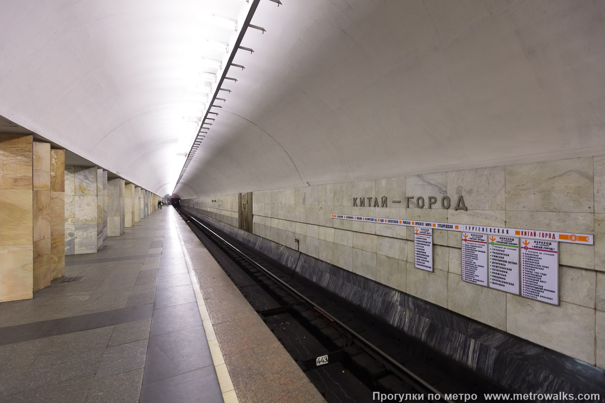 Фотография станции Китай-город (Таганско-Краснопресненская линия, Москва) — второй зал. Боковой зал станции и посадочная платформа, общий вид.