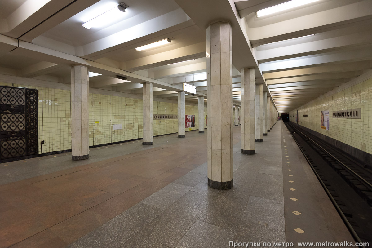 Фотография станции Коломенская (Замоскворецкая линия, Москва). Вид с края платформы по диагонали на противоположную сторону сквозь центральный зал.