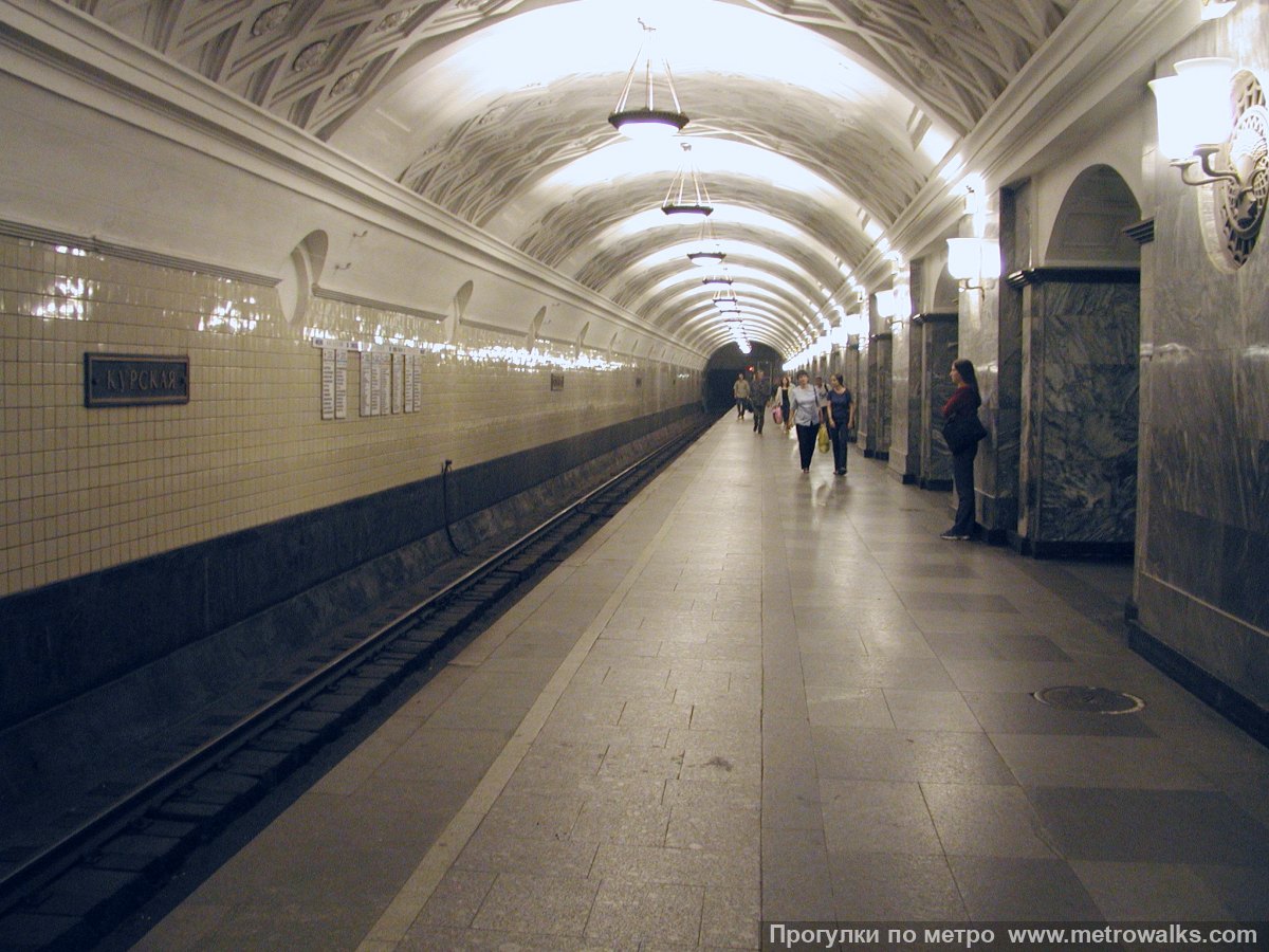 Фотография станции Курская (Арбатско-Покровская линия, Москва). Центральный зал станции, вид вдоль от входа в сторону глухого торца.