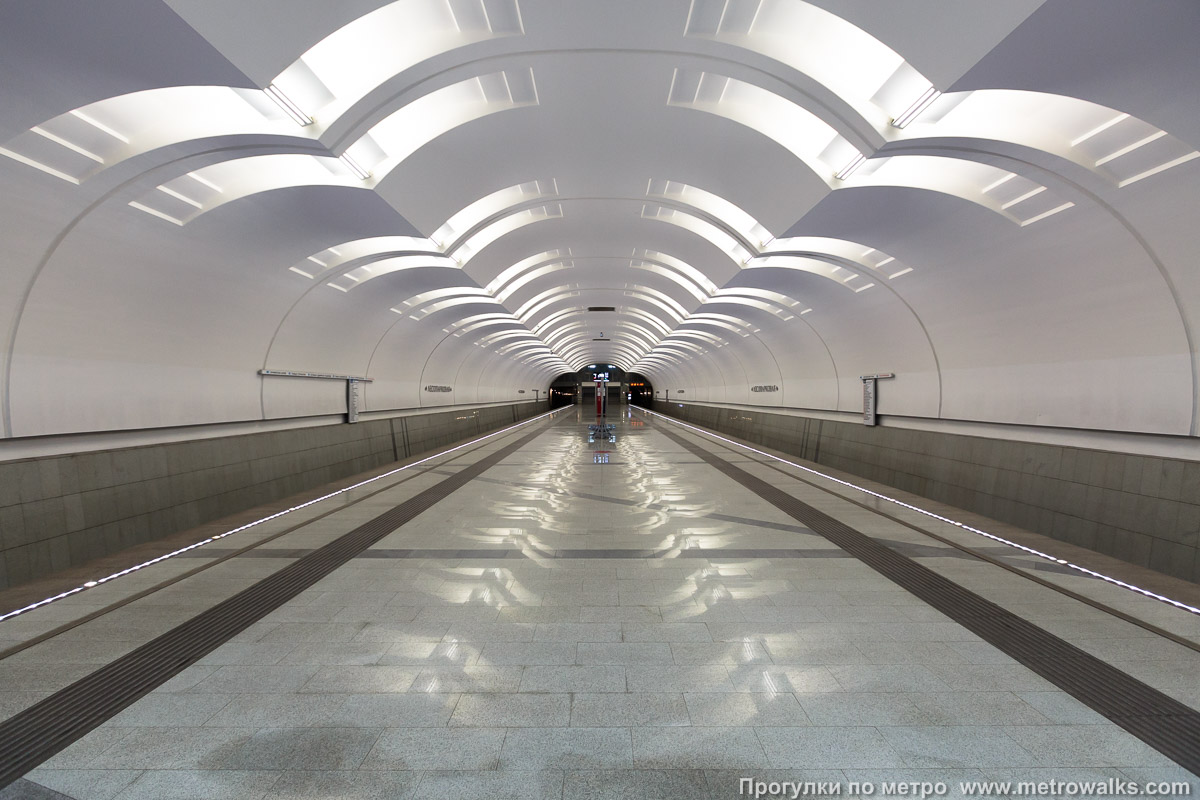 Фотография станции Лесопарковая (Бутовская линия, Москва). Общий вид по оси станции от входа в сторону глухого торца.