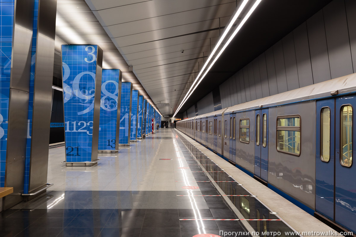 Фотография станции Ломоносовский проспект (Солнцевская линия, Москва). Продольный вид вдоль края платформы. Для оживления картинки — с поездом.