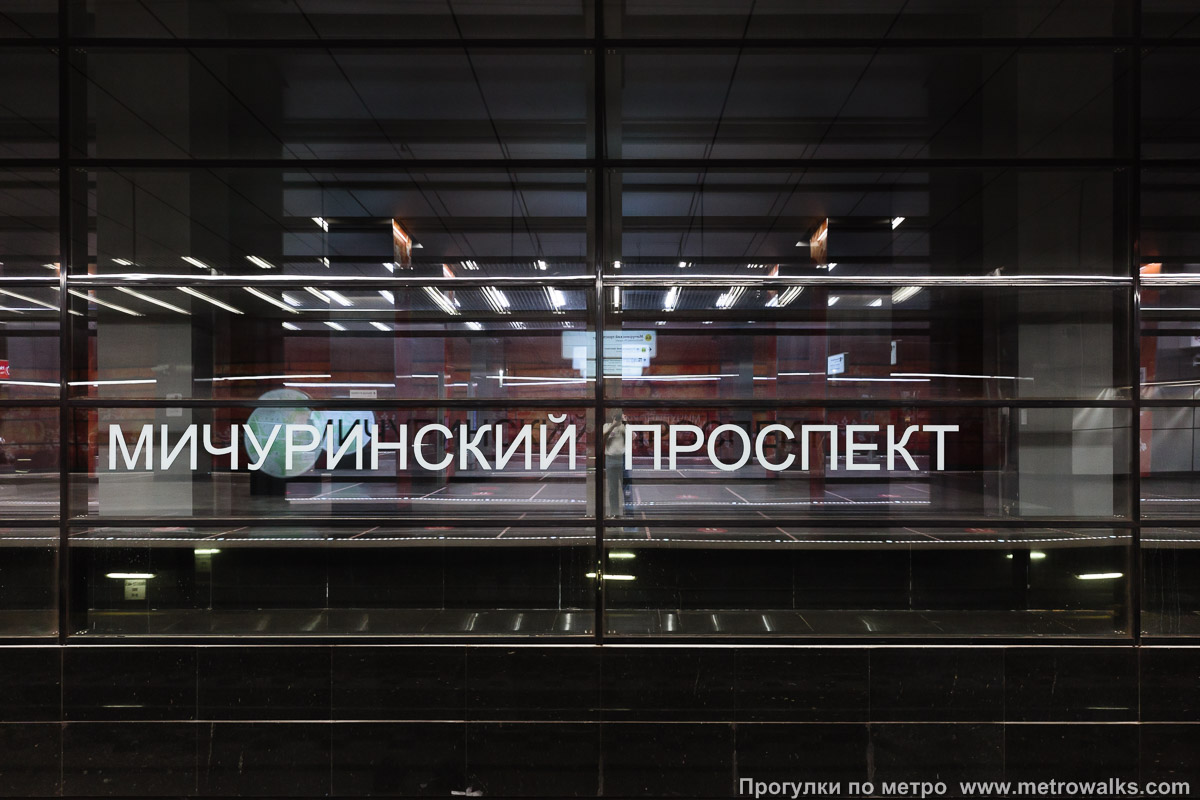 Фотография станции Мичуринский проспект (Солнцевская линия, Москва). Название станции на путевой стене крупным планом. На стеклянной стороне станции.