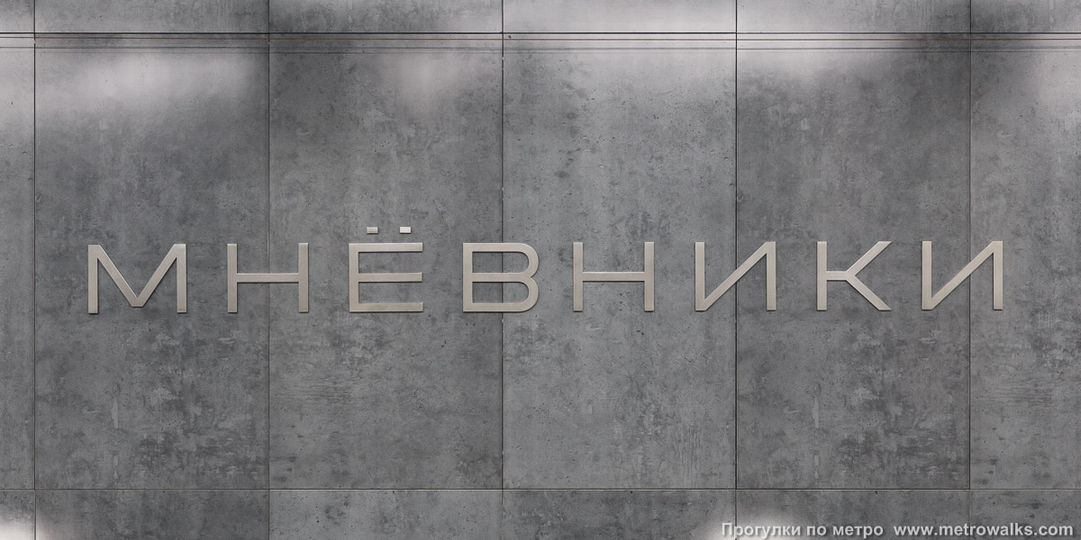 Фотография станции Мнёвники (Большая кольцевая линия, Москва). Название станции на путевой стене крупным планом.